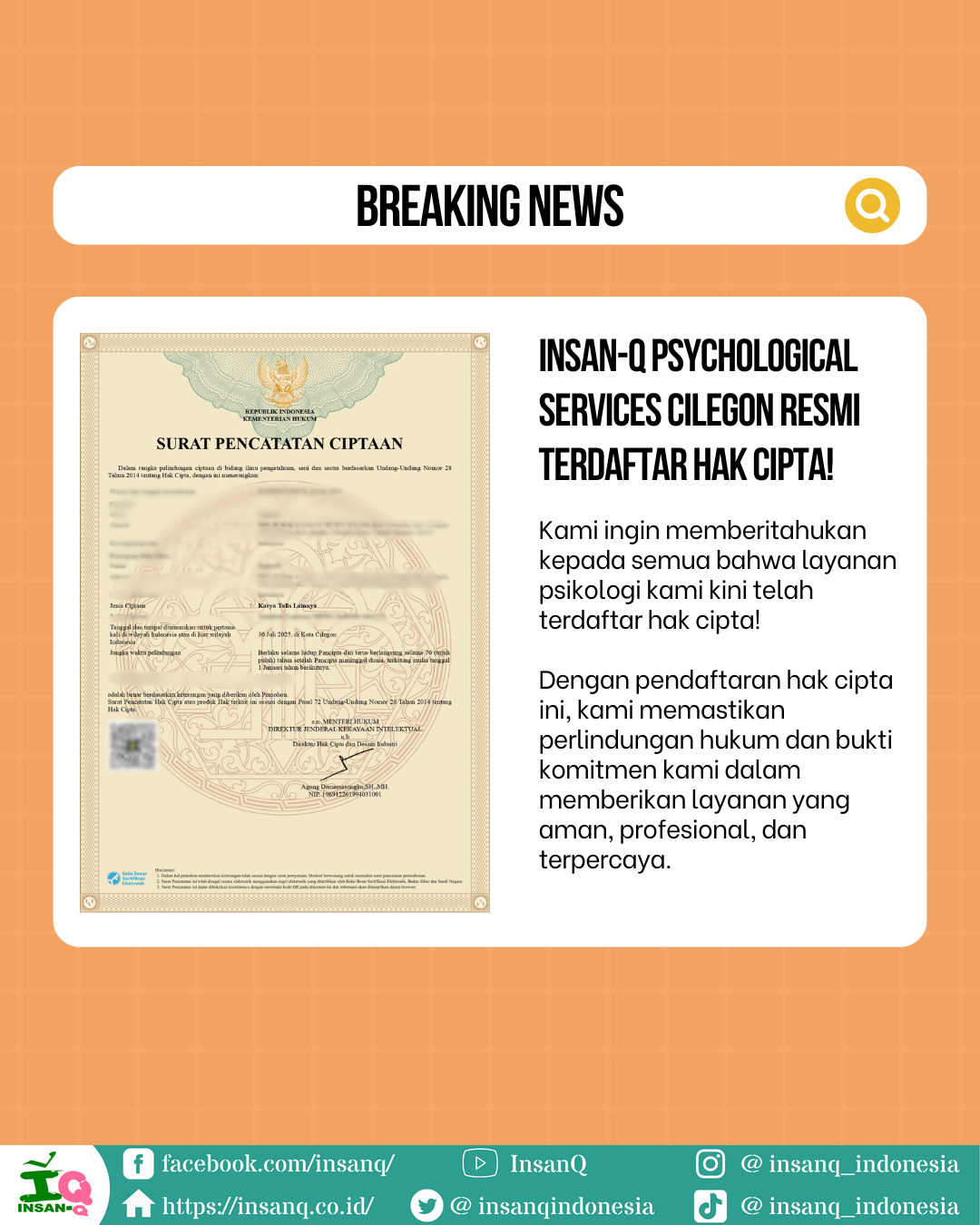 Setiap karya dan layanan kami kini terlindungi hukum — untuk menjaga keaslian, kualitas, dan kepercayaan Anda